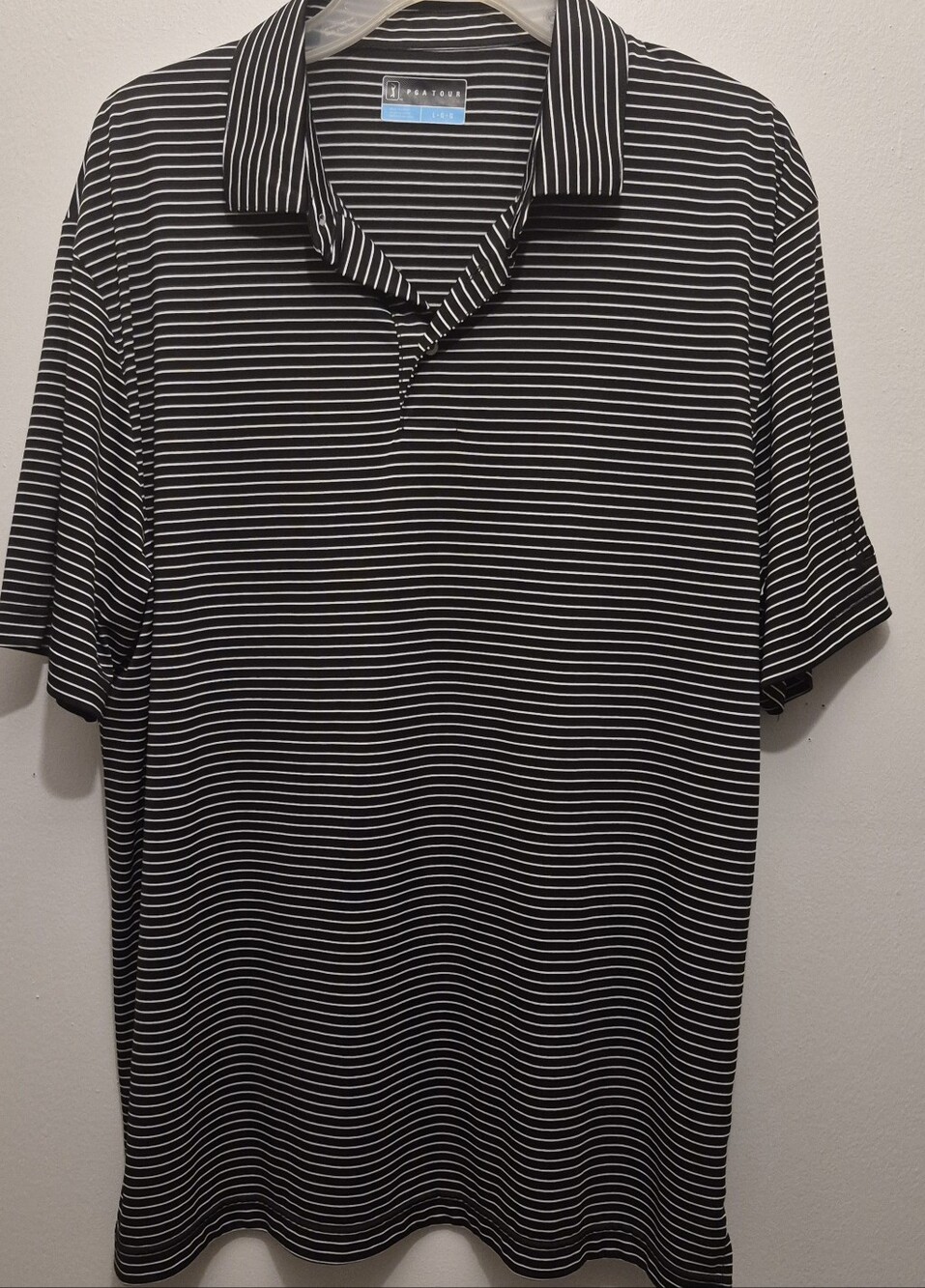 PGA Tour Men’s Large Black/White Striped Polo Shirt